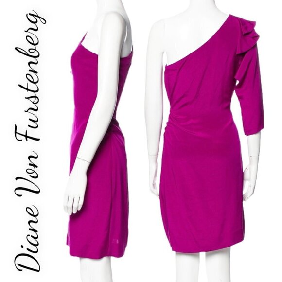 DIANE VON FURSTENBERG Cobb Magenta Pink One Shoulder Silk Mini Cocktail Dress, 8 - Picture 7 of 9